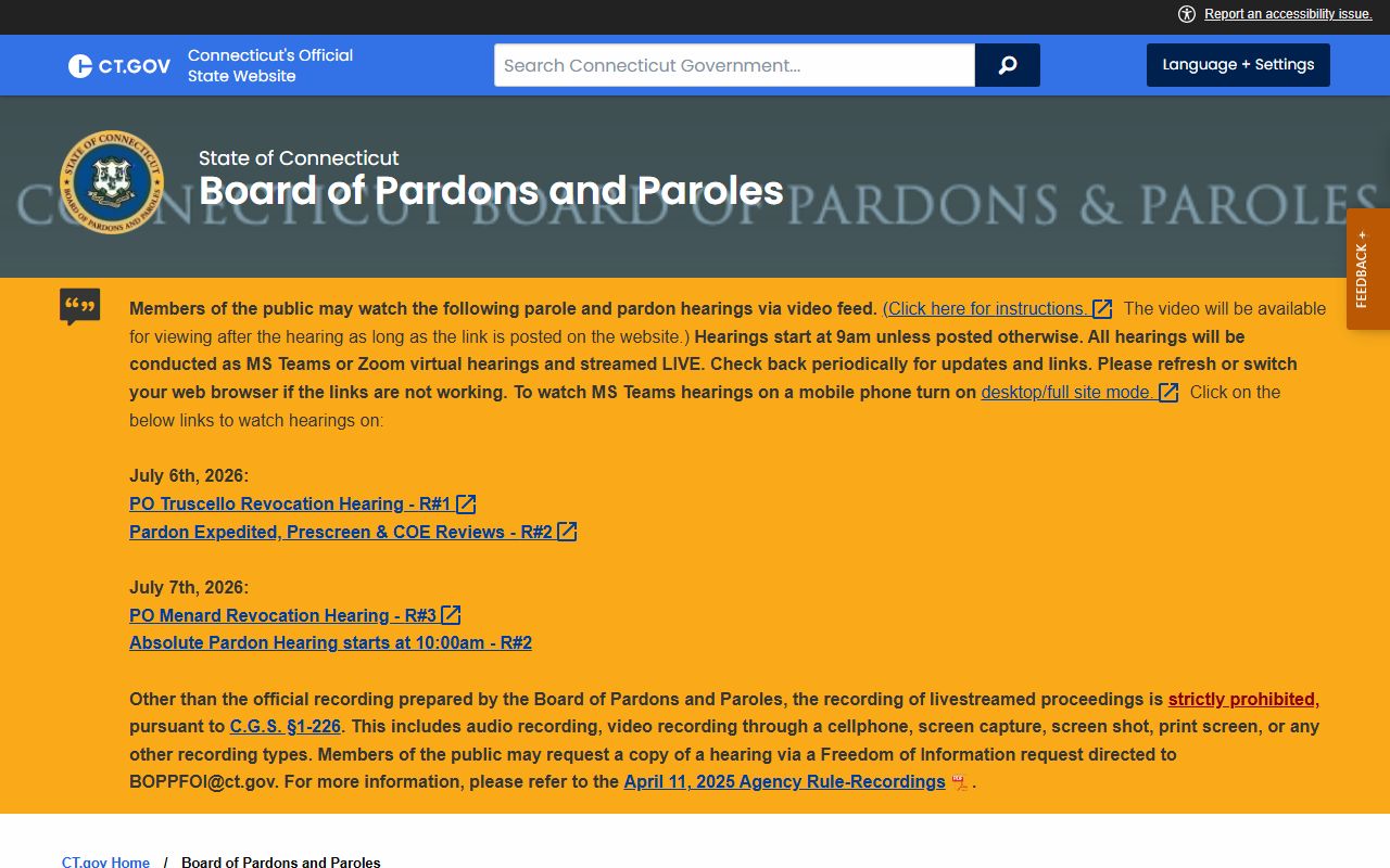 Connecticut Board of Pardons and Paroles page for parole and pardon resources