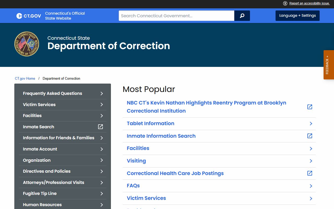 Connecticut Department of Correction home page for statewide inmate population resources
