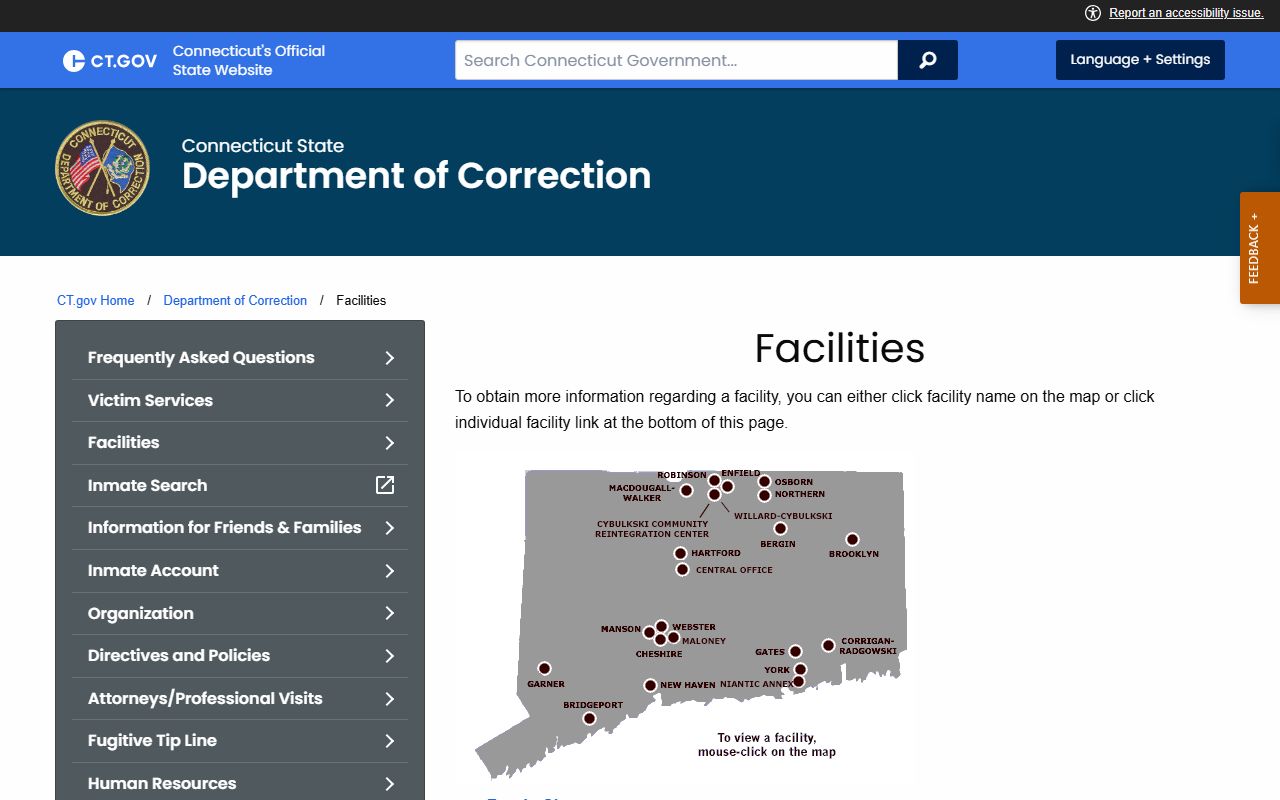 CT DOC facilities page showing Connecticut correctional facility list