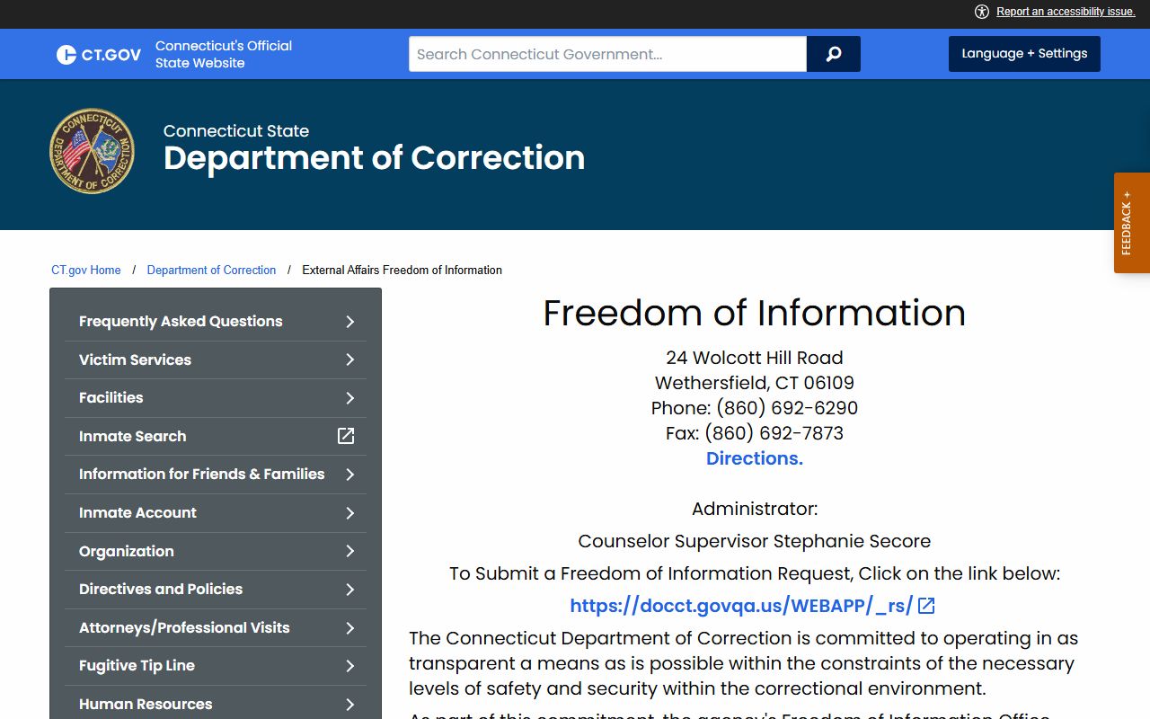 CT DOC Freedom of Information page for Connecticut Department of Correction records requests
