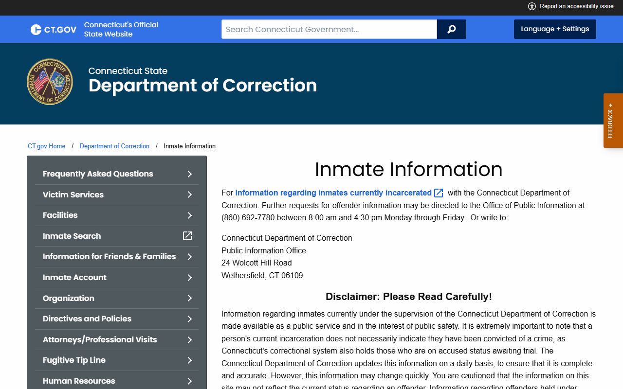 CT DOC inmate information page explaining public search scope and daily update limits