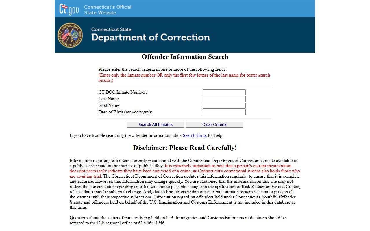 Official CT DOC inmate information search for Connecticut statewide custody lookup