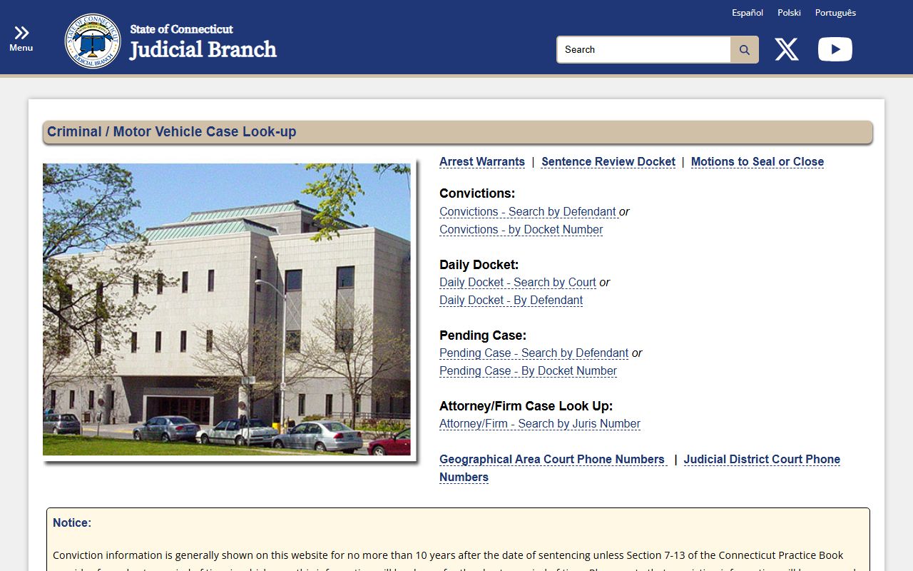 Connecticut Judicial Branch criminal and motor vehicle lookup hub for post-arrest court records